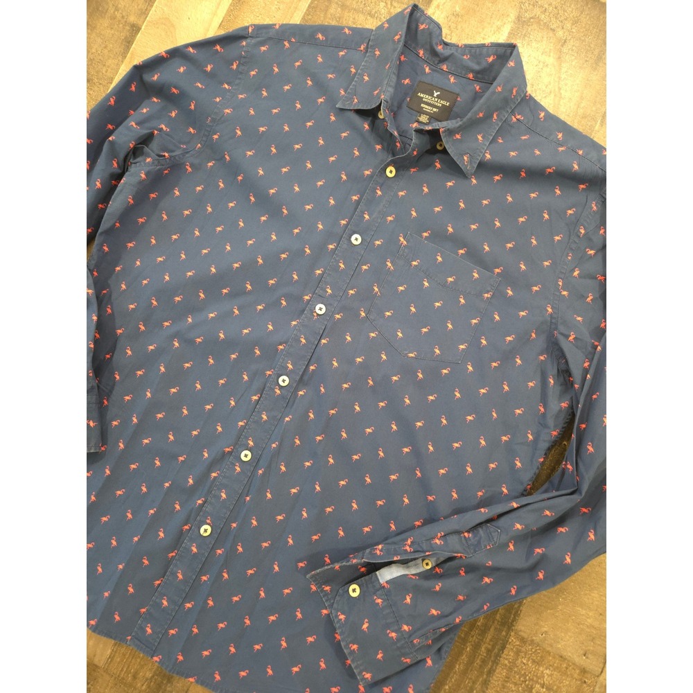 American Eagle Navy Pink Flamingo Print‎ Button Down Shirt Seriously Soft Mens L
